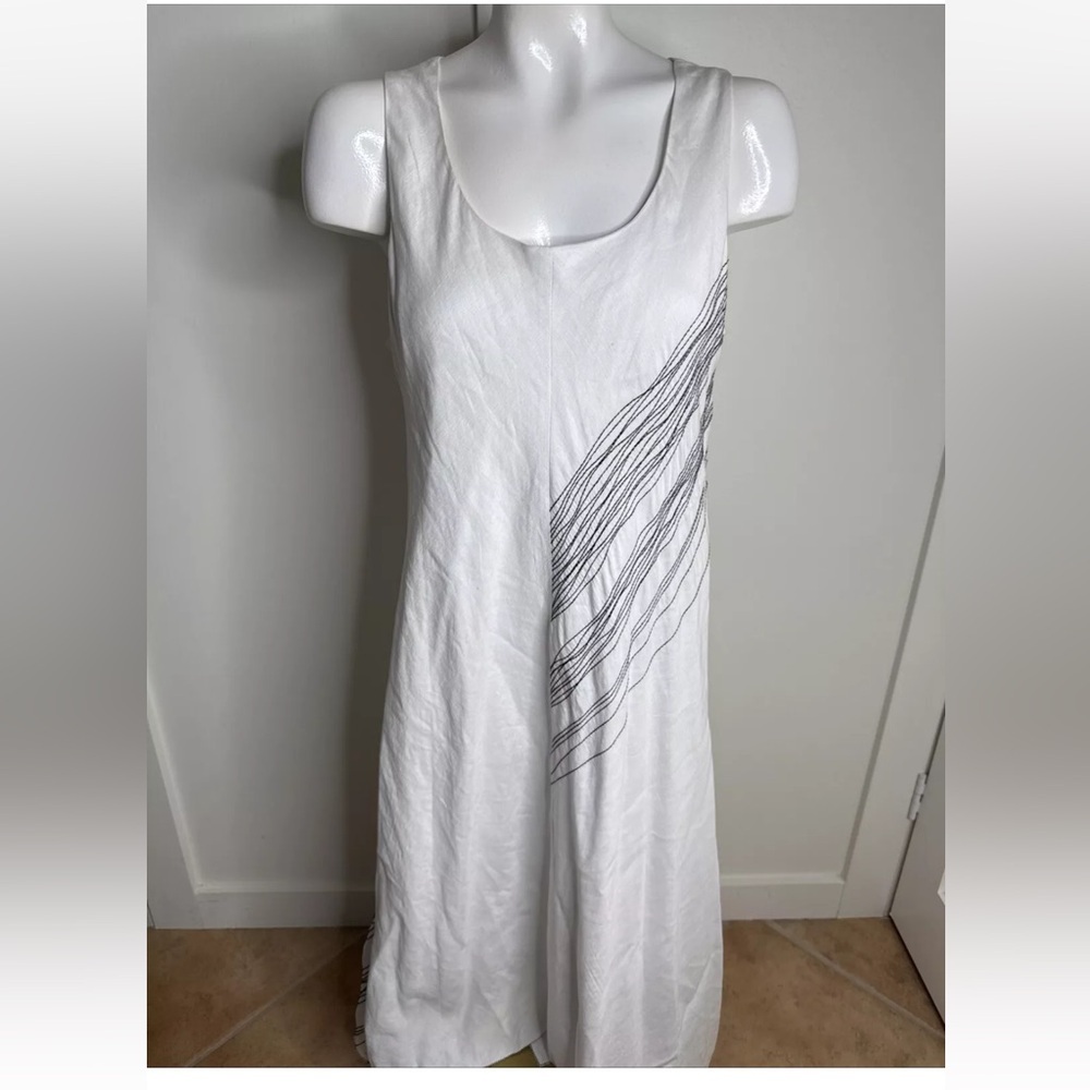 White Sleeveless Dress with Black Pattern linen